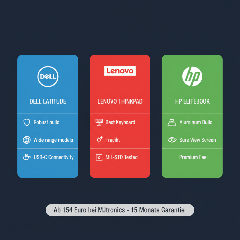 Dell Latitude vs Lenovo ThinkPad vs HP EliteBook — Markenvergleich Infografik