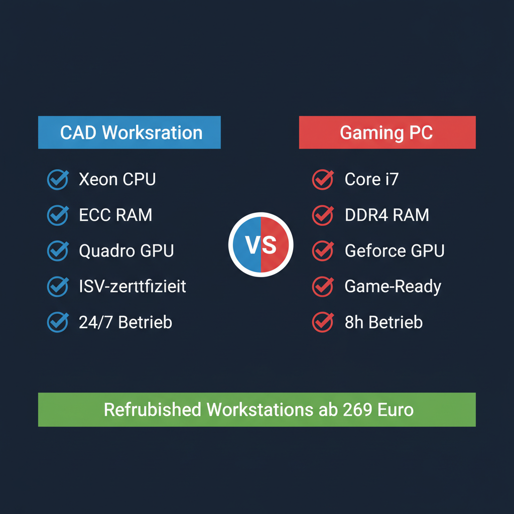 CAD Workstation vs Gaming PC Vergleich — Infografik